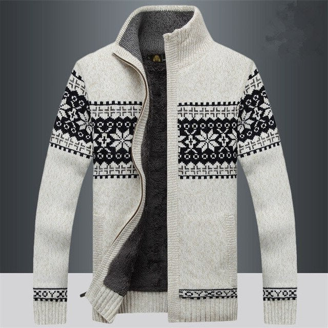 Men's knitted winter jacket zip front Nordic pattern warm regular fit everyday coat