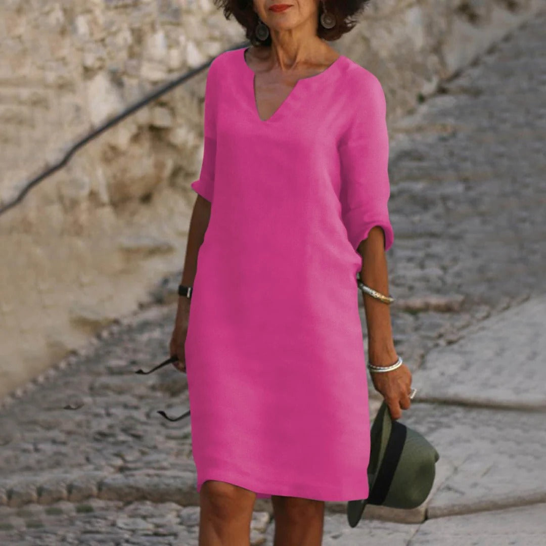 Women's breathable midi dress V-neck short sleeves relaxed summer fit warm weather chic