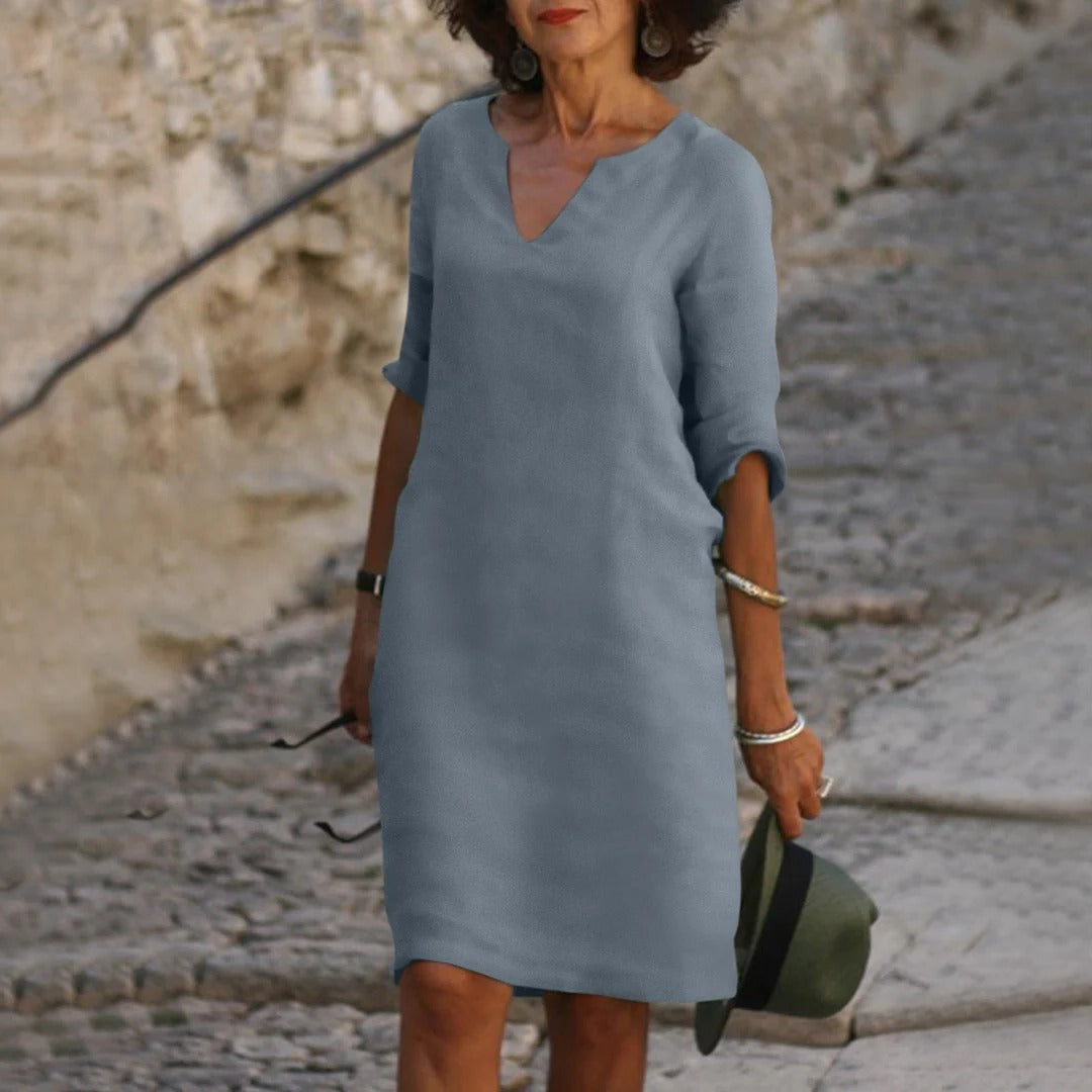 Women's breathable midi dress V-neck short sleeves relaxed fit warm weather everyday chic