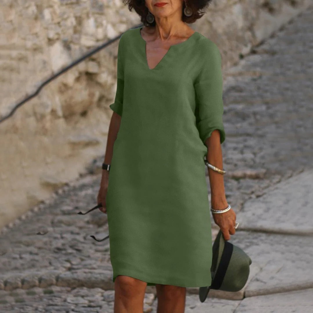 Women's breathable midi dress V-neck short sleeves relaxed fit warm weather casual chic