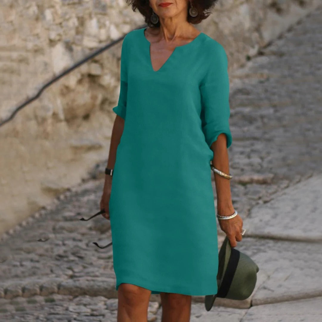 Women's breathable midi dress light V-neck short sleeves relaxed everyday summer style