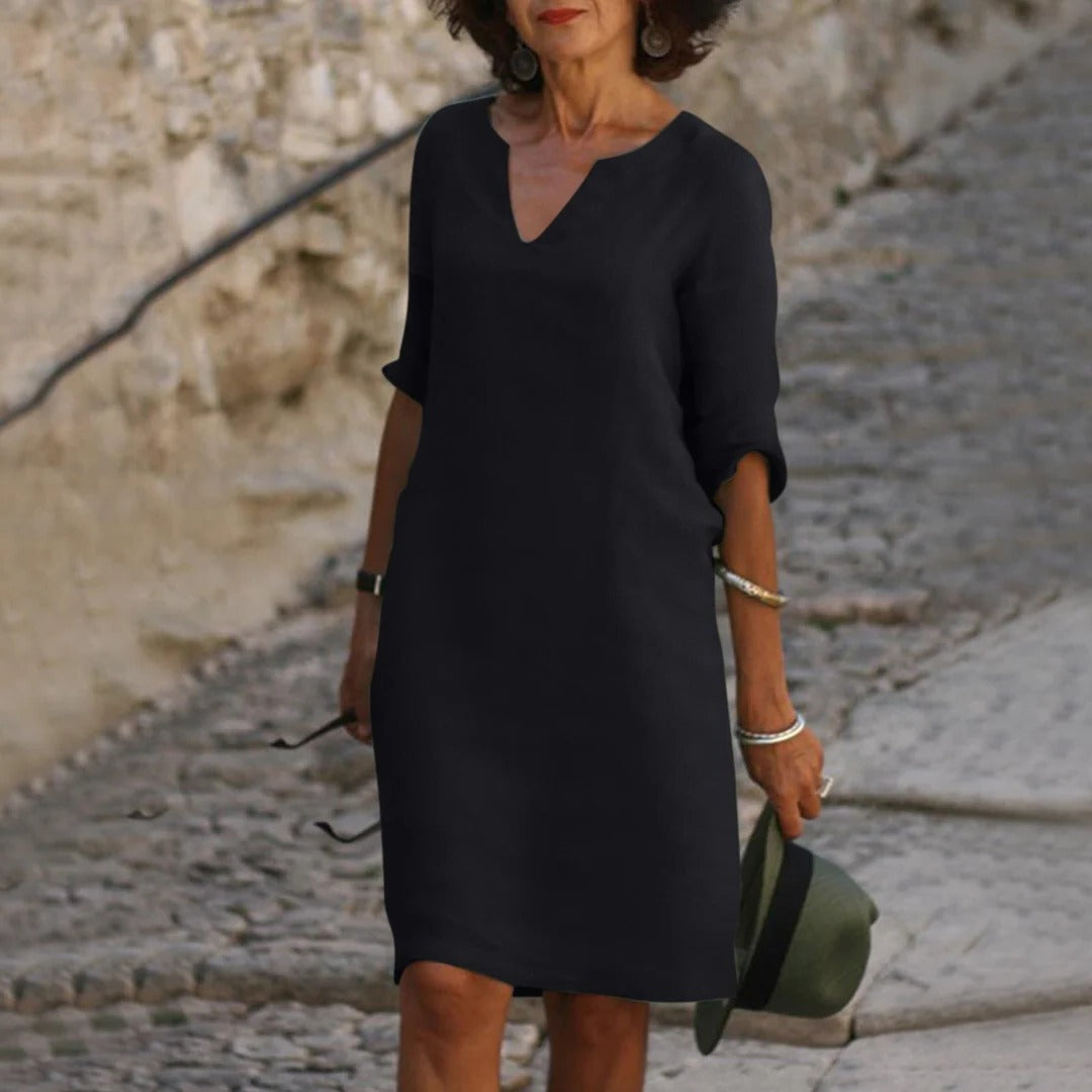 Women's breathable midi dress V-neck short sleeves relaxed fit warm weather everyday chic