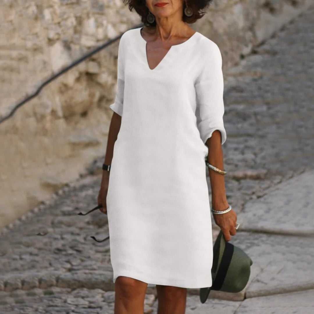 Women's breathable midi dress V-neck short sleeves relaxed fit warm weather summer style