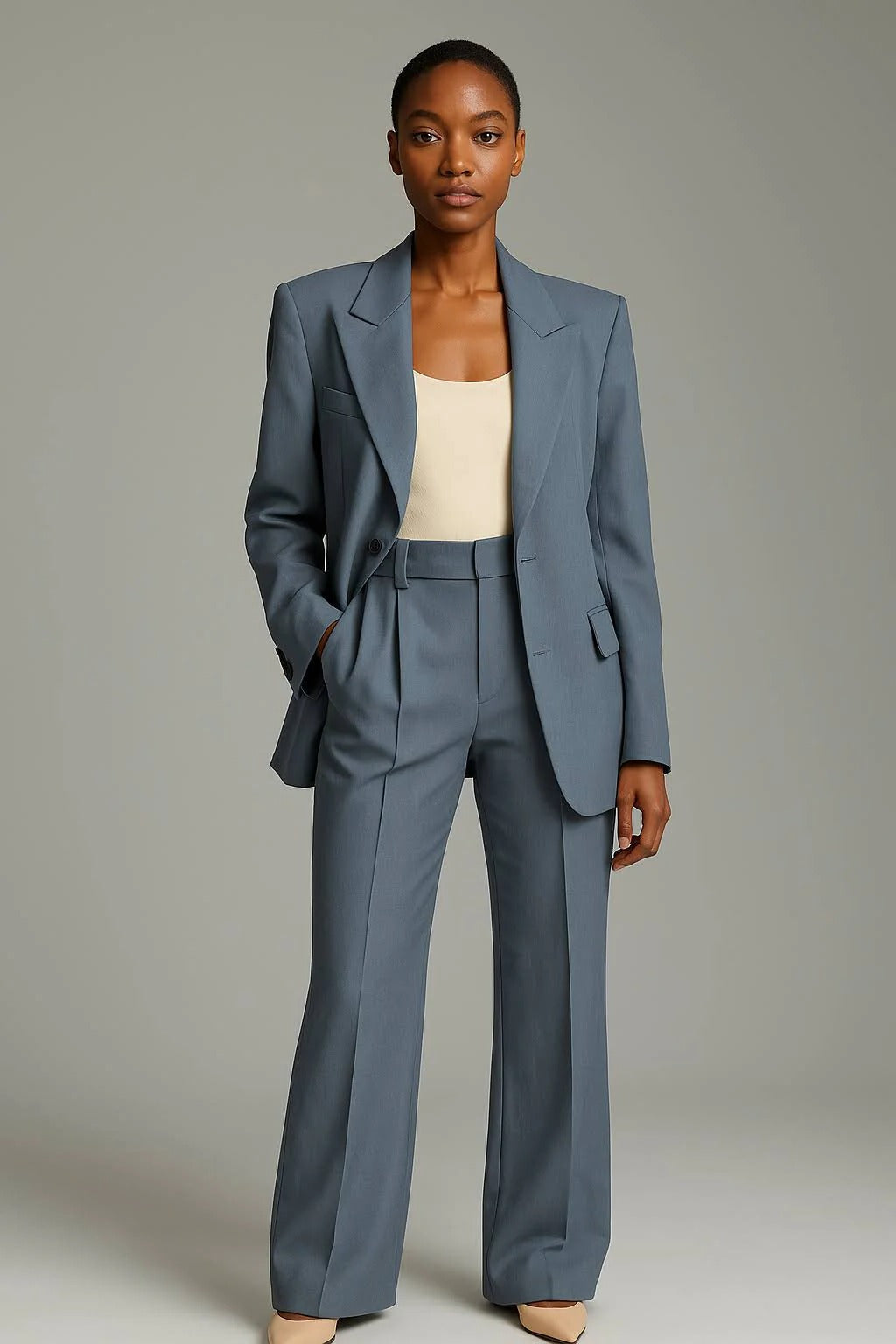 Navy slim fit blazer and wide-leg trousers two-piece suit set in lightweight breathable fabric