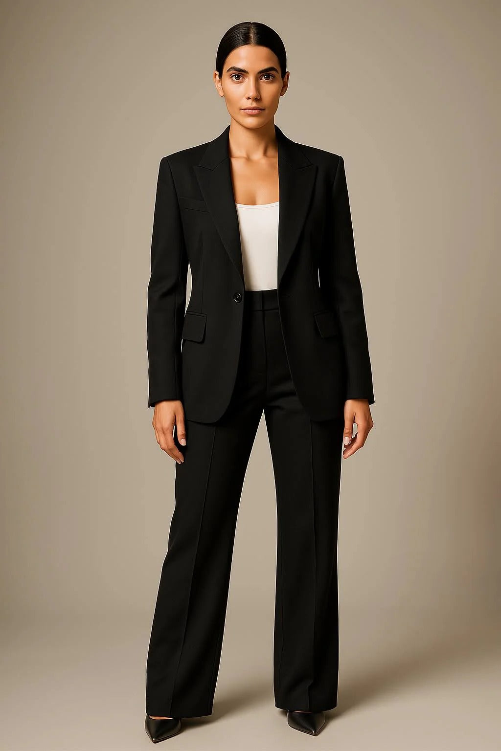 Navy slim fit blazer and wide-leg trousers two-piece suit set in lightweight breathable fabric