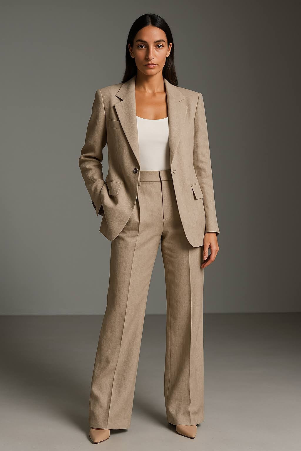 Navy slim-fit blazer and wide-leg trousers two-piece suit set in lightweight breathable fabric