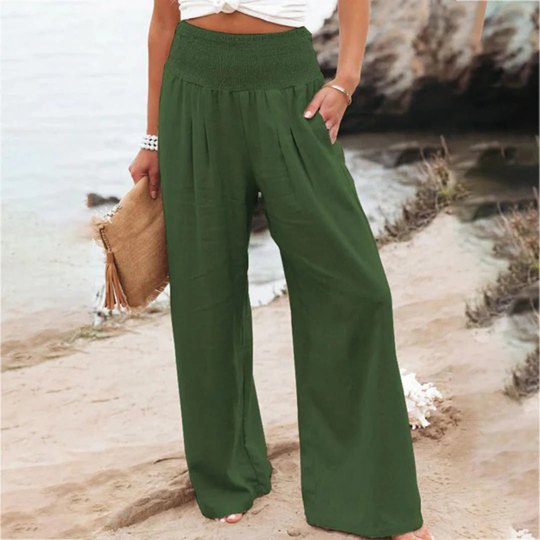 Women's lightweight breathable relaxed-fit summer pants in neutral tones, casual everyday warm-weather style