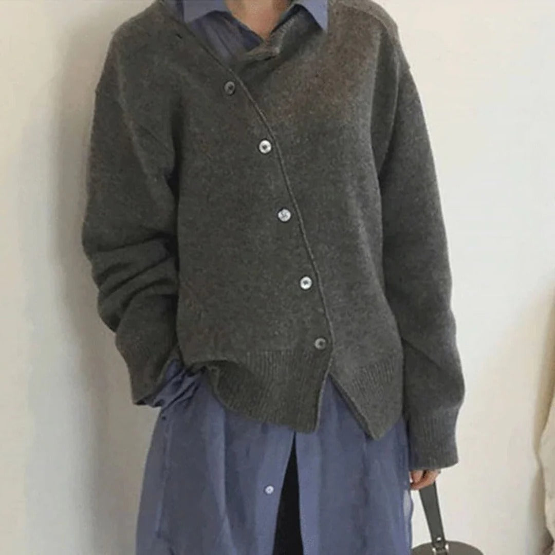 Beige button-down cardigan classic relaxed fit soft insulating fabric versatile everyday layer