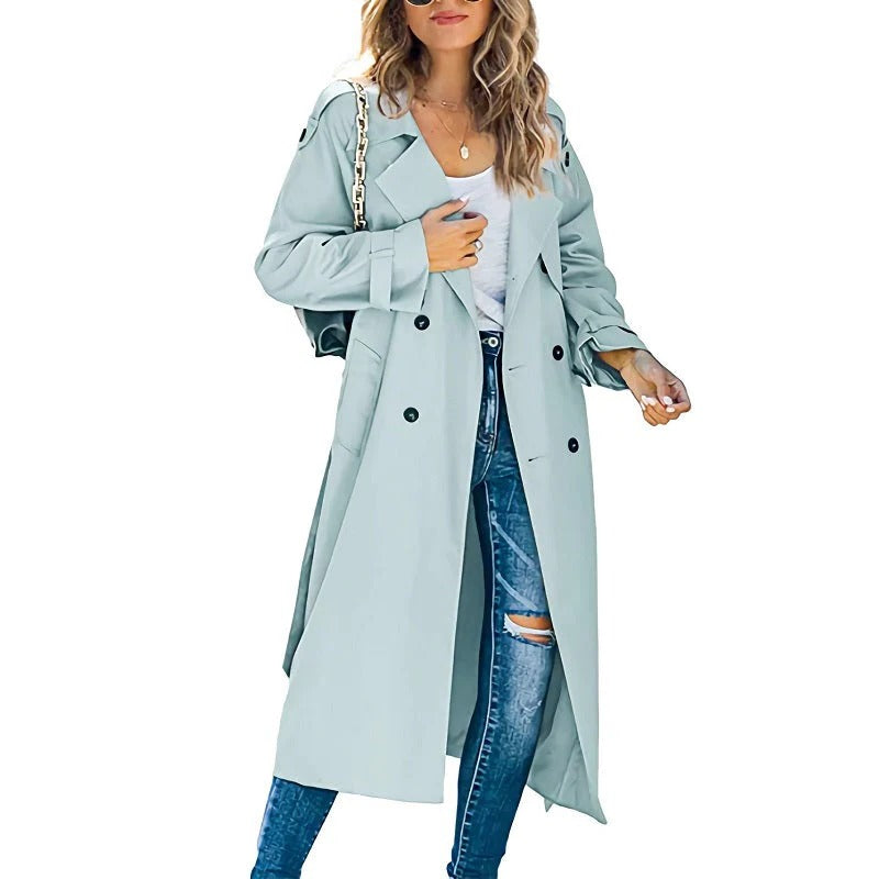 Women's long trench coat full-length coverage elegant silhouette transitional spring autumn outerwear