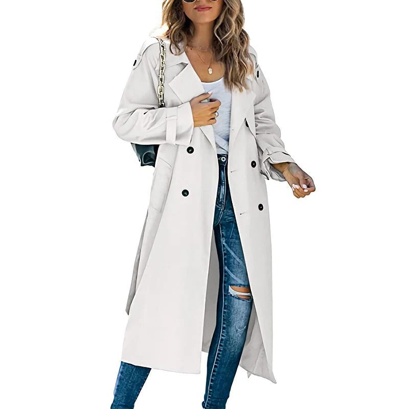 Women's long trench coat full-length coverage elegant silhouette transitional spring autumn outerwear