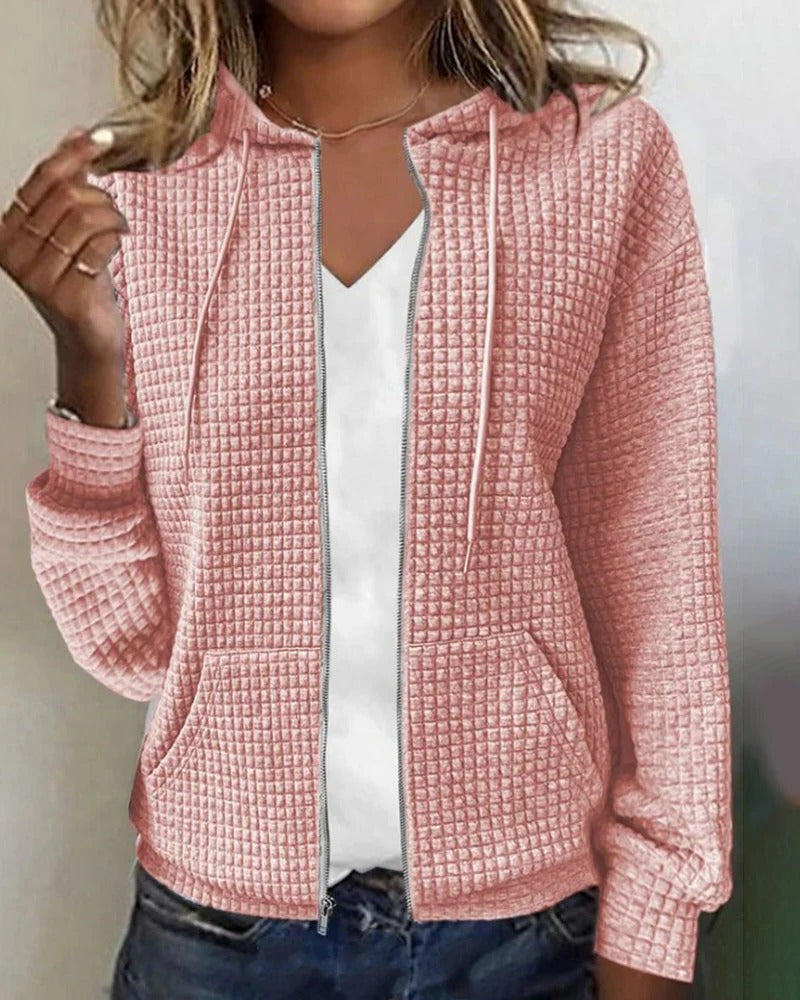 Women's hooded zip cardigan relaxed silhouette versatile layering piece full-length zipper closure
