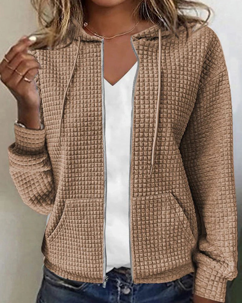 Women's hooded zip cardigan relaxed silhouette versatile layering piece for year-round comfort
