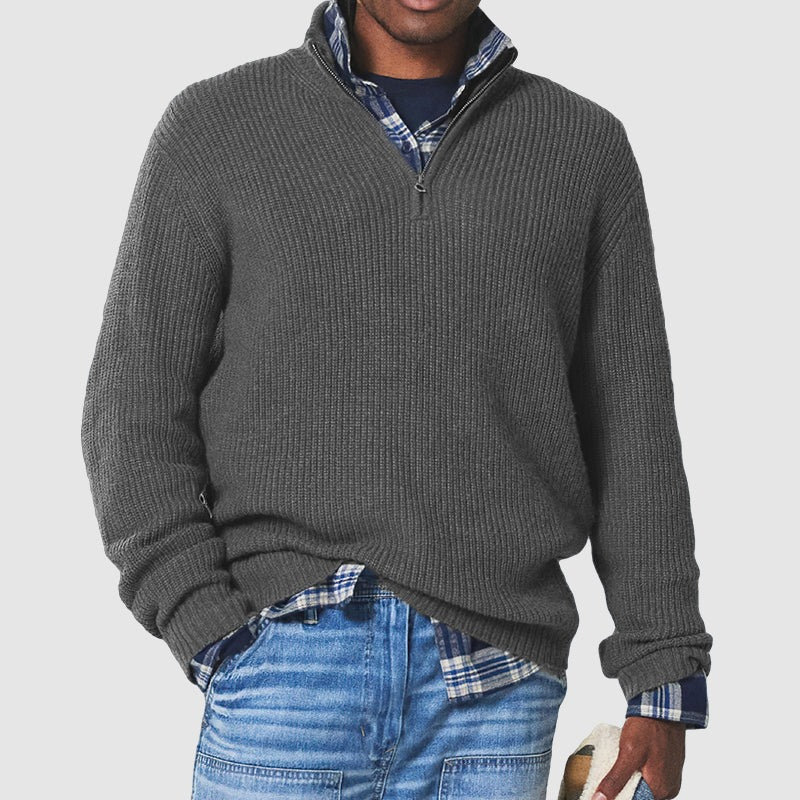 Men's gray knit sweater half-zip stand-up collar slim fit professional smart casual layering