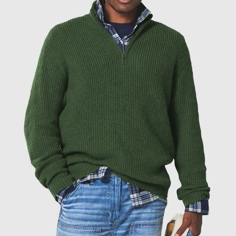 Men's gray knit half-zip sweater with stand-up collar, slim smart-casual fit for professionals