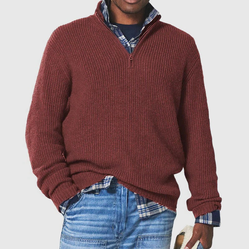 Men's gray knit sweater half-zip stand-up collar slim fit smart casual professional layering