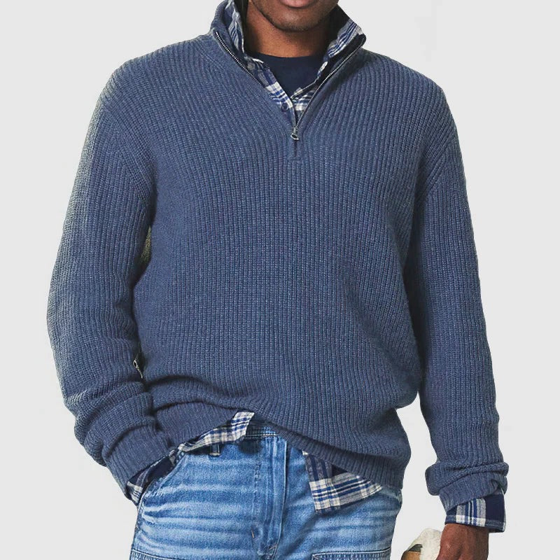 Men's gray knit sweater half-zip stand-up collar slim fit breathable smart casual professional style