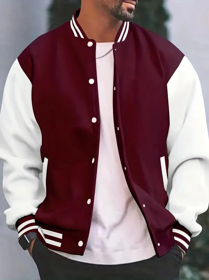 Men's baseball bomber jacket navy body white sleeves lightweight regular fit varsity casual autumn wear