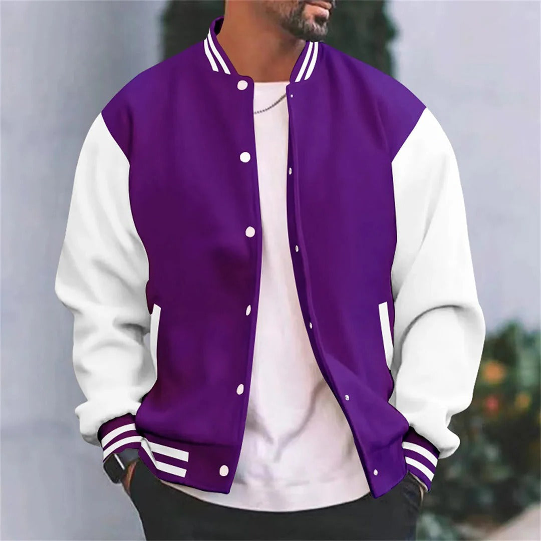 Men's baseball bomber jacket black body white sleeves lightweight regular fit varsity casual autumn wear