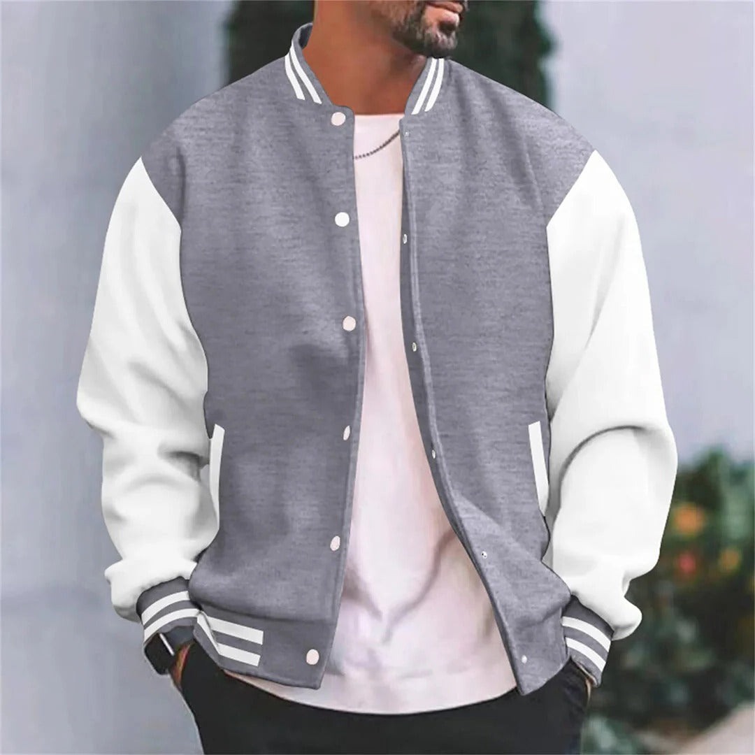 Men's baseball bomber jacket black body white sleeves lightweight regular fit varsity casual autumn wear