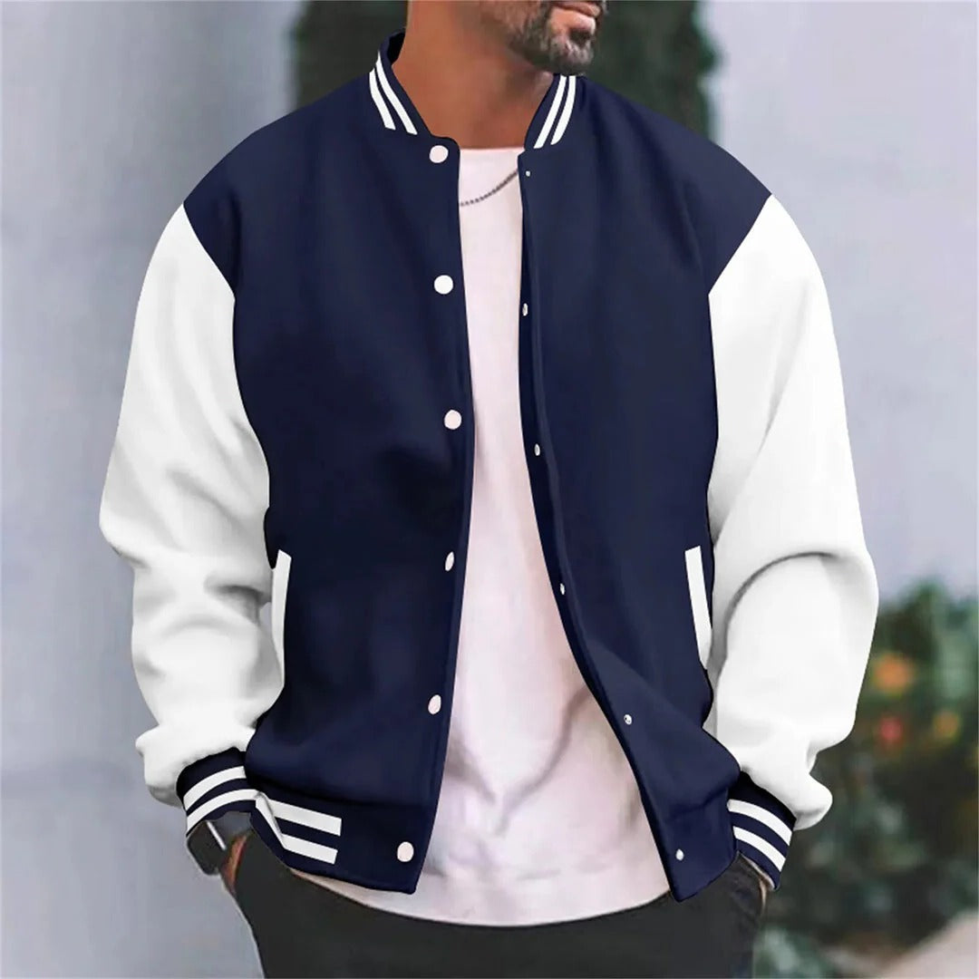 Men's baseball bomber jacket black body white sleeves lightweight varsity-style casual autumn outerwear