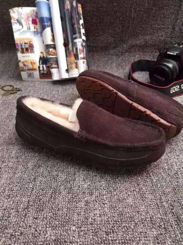 Men's brown slip-on slippers with warm plush lining and durable indoor-outdoor sole