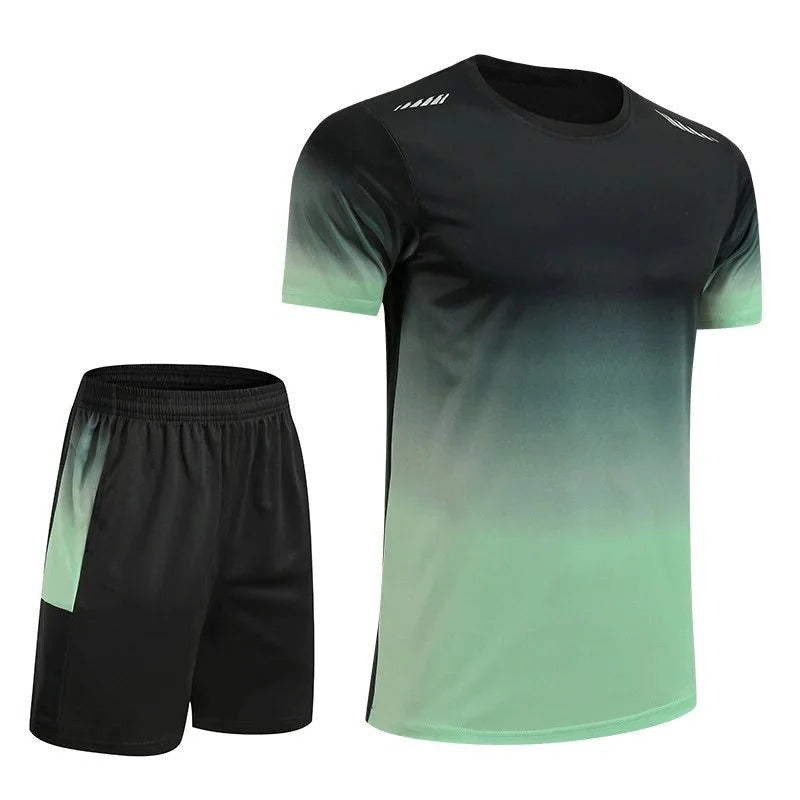 Men's gradient sportswear set short sleeve top matching shorts bold color transition athletic training