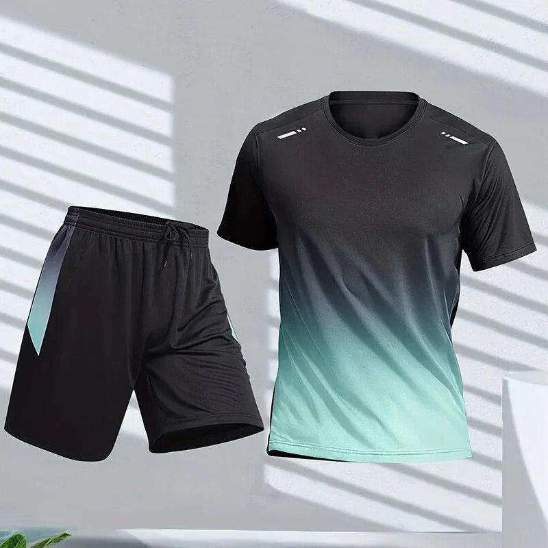 Men's gradient sportswear set short sleeve top matching shorts bold color transition athletic training fit