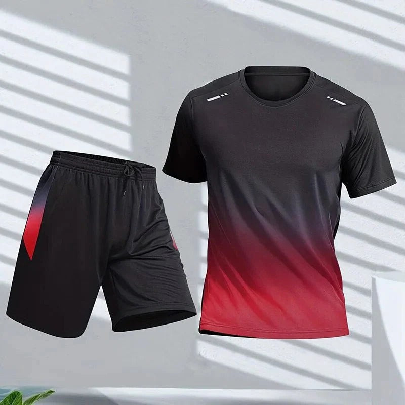 Men's gradient sportswear set short sleeve top matching shorts bold color transition athletic fit