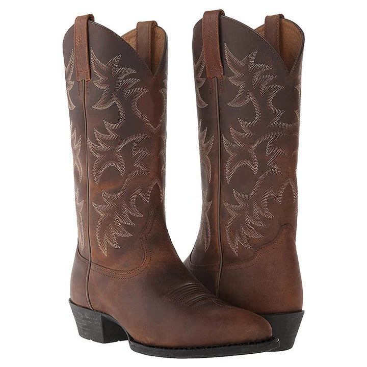 Men's brown mid-calf cowboy boots with classic Western stitching and pointed toe