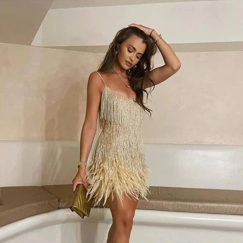TrendAura short mini party dress with feather accents, above-the-knee silhouette, bold evening style