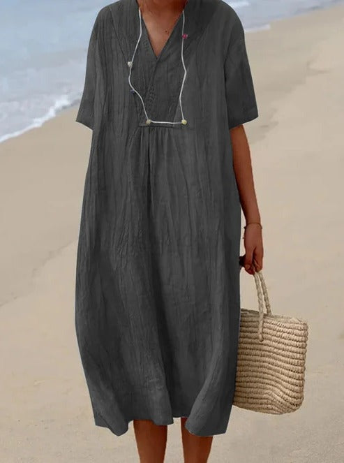 TrendAura Jasmine breathable midi dress lightweight V-neck silhouette for casual summer outings
