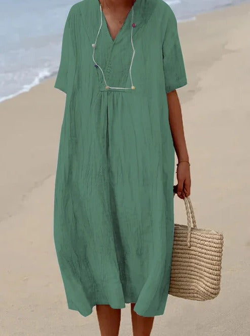 TrendAura Jasmine breathable midi dress casual V-neck silhouette lightweight summer style