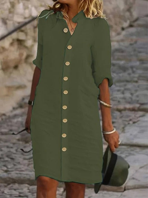Women's light blue shirt dress with button front closure, classic collar, versatile everyday silhouette