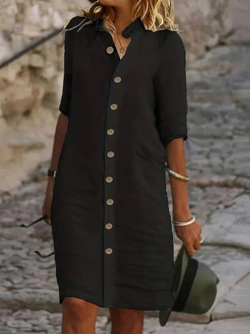 Women's white shirt dress with button front closure, classic collar, versatile everyday chic silhouette