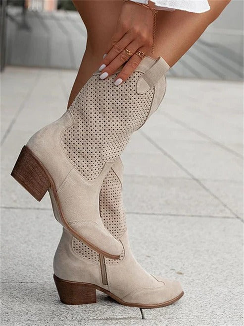 Women's western cowboy boots tan leather perforated block heel casual festival style