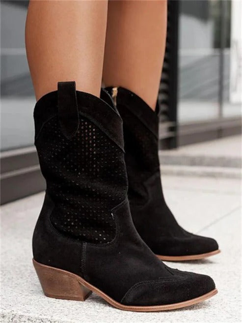 Women's western cowboy boots in tan leather with perforated detailing and sturdy block heel