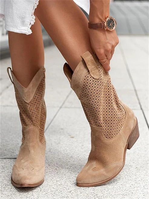 Women's western cowboy boots in classic tan with perforated shaft and sturdy block heel