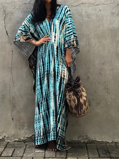 Women's kaftan maxi dress breezy flowy silhouette ideal for beach days and summer styling