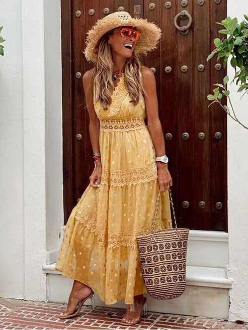 Women's boho maxi dress in flowing lightweight fabric, breezy festival-ready silhouette with effortless chic style