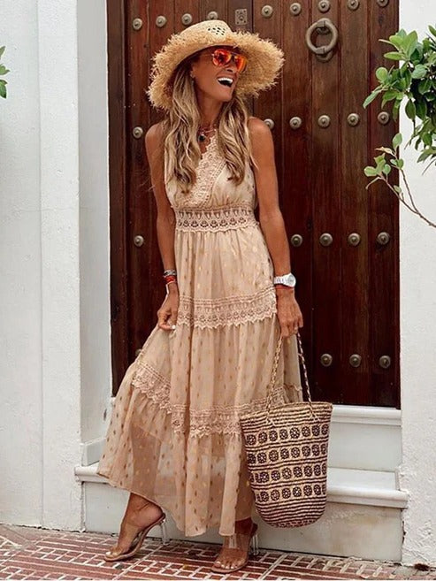 Women's boho maxi dress in lightweight breathable fabric, flowing silhouette for summer festivals