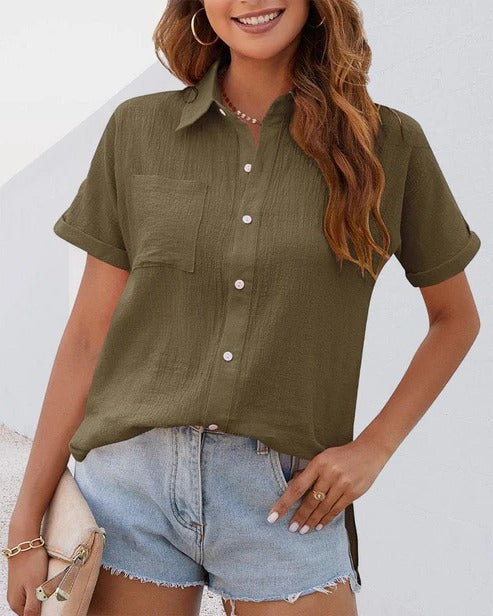 Women's relaxed-fit collared blouse with button closure, polished everyday style for professionals