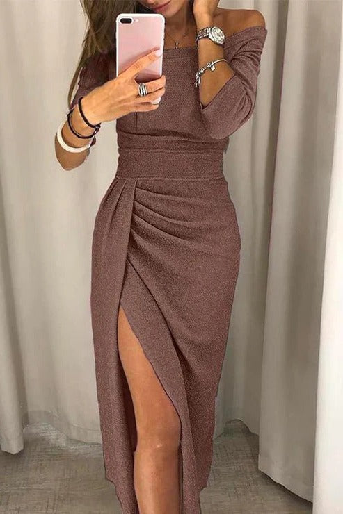 Women's off-shoulder flowing gala gown in elegant silhouette, perfect for weddings with all-night comfort