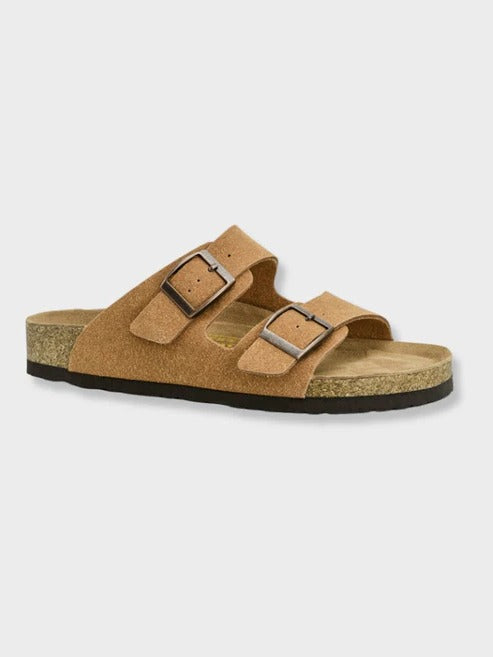 Men's casual summer sandals with cork footbed, two adjustable buckle straps, minimalist style