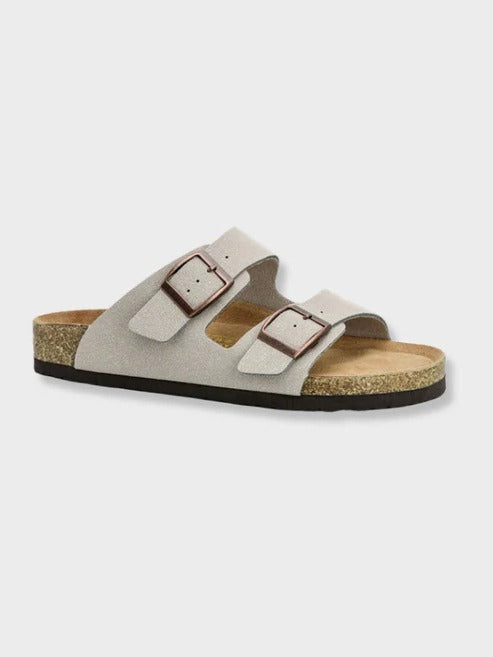 Men's casual summer sandals with cork footbed, two adjustable buckle straps, minimalist style