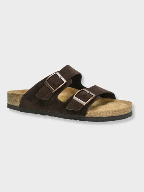 Men's casual summer sandals with cork footbed, two adjustable buckle straps, minimalist style