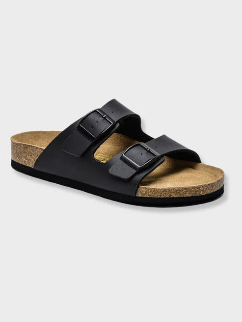 Men's casual summer sandals with cork footbed, two adjustable buckle straps, minimalist neutral design