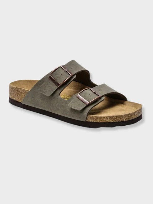 Men's casual summer sandals with cork footbed, two adjustable buckle straps, minimalist style