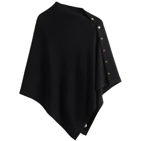 Women's beige buttoned poncho relaxed fit open-front layering outerwear with elegant closure