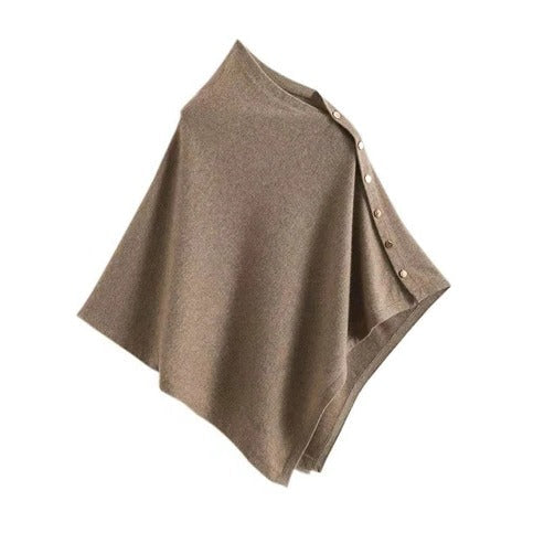 Women's beige buttoned poncho relaxed fit versatile layering outerwear with elegant button closure