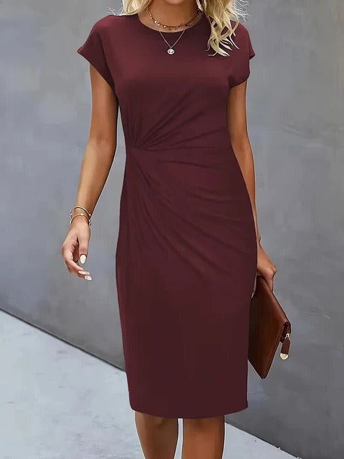 Women's midi dress tailored silhouette lightweight professional style classic round neckline versatile